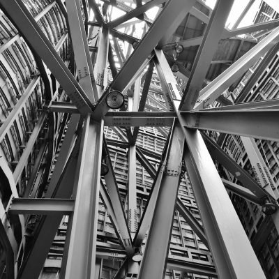 A detailed view of a complex steel framework showcasing modern industrial architecture.